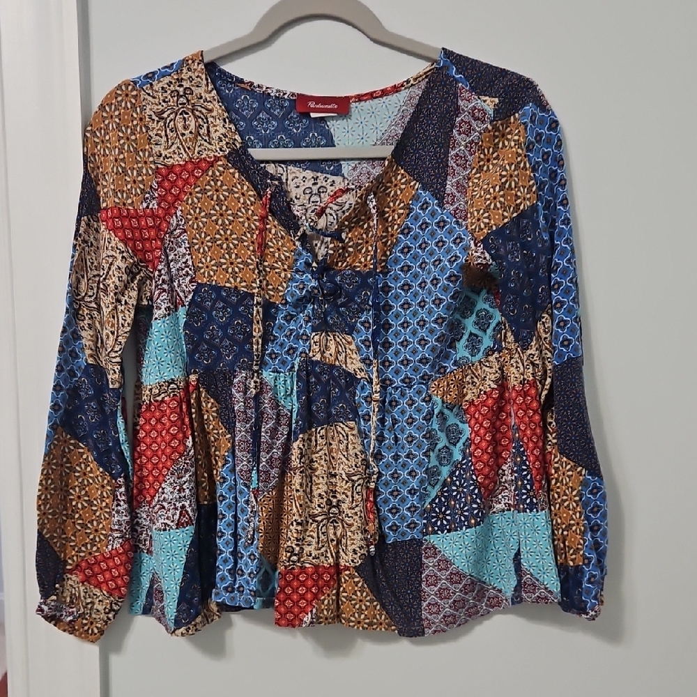 Relativity Blue and Red Graphic Tie Front Blouse